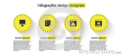 Set Computer monitor screen, Clipboard with checklist, Browser exclamation mark and Cloud technology data transfer Vector Illustration