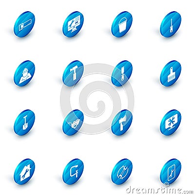 Set Computer monitor service, Bucket, Screwdriver, Builder, Shovel, Hammer, Paint brush and Rasp metal file icon. Vector Stock Photo
