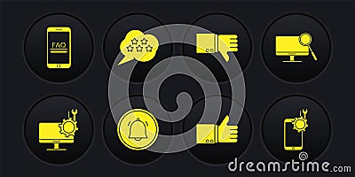 Set Computer monitor service, diagnostics, Button chat notification, Hand thumb up, Dislike, Five stars rating review Vector Illustration