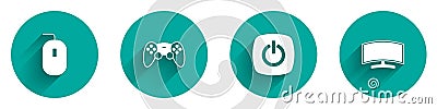Set Computer mouse, Game controller or joystick, Power button and monitor icon with long shadow. Vector Vector Illustration