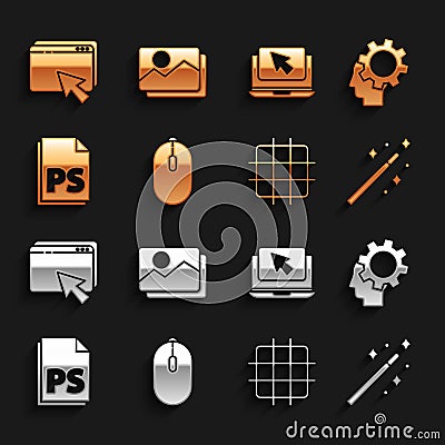 Set Computer mouse, Human head with gear inside, Magic wand, Grid graph paper, PS File document, Laptop cursor, Web Vector Illustration