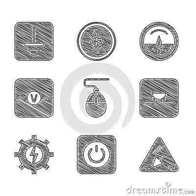 Set Computer mouse, Power button, High voltage, Buzzer in electronic circuit, Gear and lightning, Voltmeter, Electric Vector Illustration