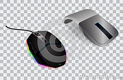 Set of computer mouse realistic or mouse with scroll and click optical technology or mice device illustration on transparent Vector Illustration