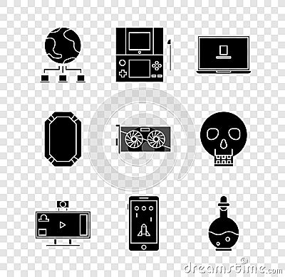 Set Computer network, Portable video game console, Laptop, Live streaming online, Mobile and playing, Bottle with magic Vector Illustration