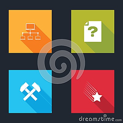 Set Computer network, Unknown document, Two crossed hammers and Falling star icon. Vector Vector Illustration