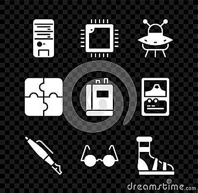 Set Computer, Processor with CPU, UFO flying spaceship, Fountain pen nib, Eyeglasses, Slippers socks, Piece of puzzle Vector Illustration
