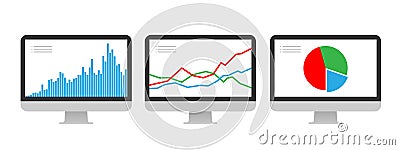 A set of computers with different charts Vector Illustration