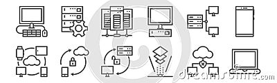 Set of 12 computers and network icons. outline thin line icons such as laptop, hologram, mobile sync, sharing, server, server Vector Illustration