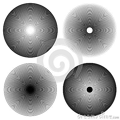 Set of 4 concentric circle elements. Ripple, radiating circles. Vector Illustration