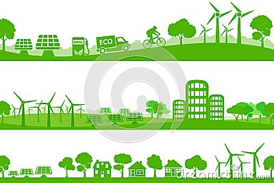 Set concept ecology city with solar panel and wind turbine, wind solar energy - vector Vector Illustration