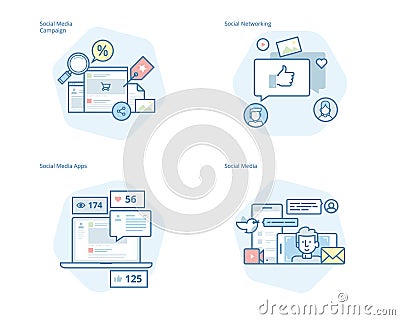 Set of concept line icons for social media, networking, marketing, campaign and apps Vector Illustration