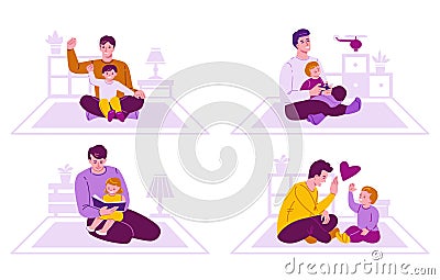 Set of concept of spending time together father and children. Family on the background of the interior of the room Vector Illustration