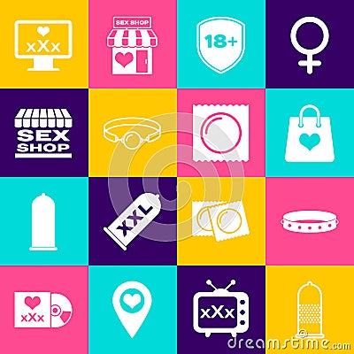 Set Condom safe sex, Leather fetish collar, Shopping bag with heart, Shield 18 plus, Silicone ball gag, Sex shop Vector Illustration