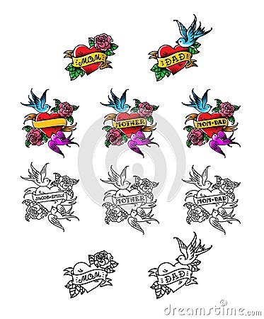 A set of congratulatory tattoos for mom and dad. Heart with birds and flowers. Recognition of love for parents. Templates for Vector Illustration