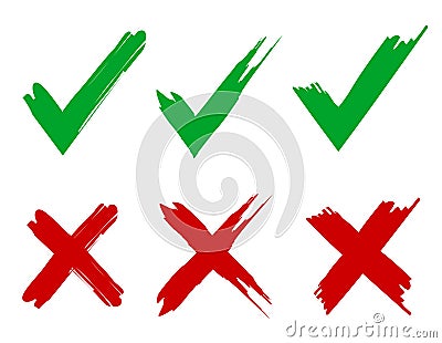 Set of consent sign and prohibition sign, checkmark, cross drawn with brush strokes, crosses x and ticks OK, set vector Vector Illustration