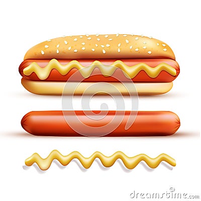 Set consisting of elements: a bun, mustard, sausage Stock Photo