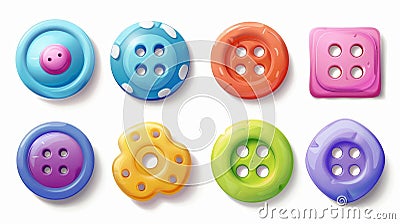 The set consists of sewing buttons with holes and solid design. The set consists of a collection of multicolored clasp Stock Photo