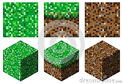 textures and cubes in minecraft stylegreen-brown grass and earth Vector Illustration