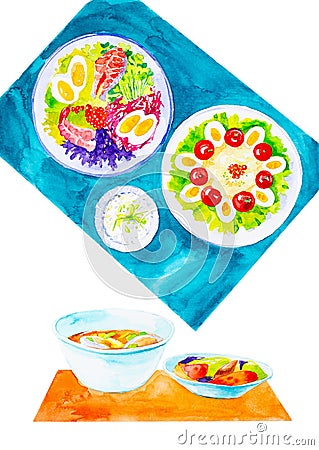 Set of consomme,scallop soup in a saucepan,salad with eggs,seafood and red caviar. Watercolor illustration isolated on white Cartoon Illustration