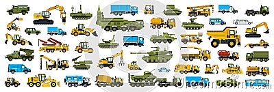 A set of construction and military equipment. Transport collection. Military vehicles, tanks, construction equipment Vector Illustration