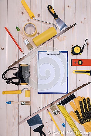 Set of construction tools and blank clipboard Stock Photo