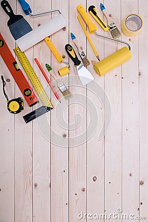 Set of construction tools on wooden table Stock Photo