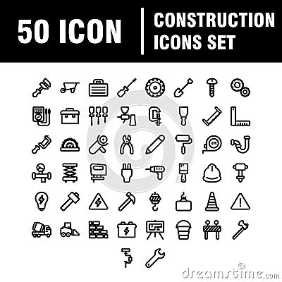 Set of 50 Construction web icons in line style. Building, engineer, business, road, builder, industry Cartoon Illustration