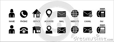 Set of contact vector icon. Business card contact icon set. Contains icon such as person, phone, office, address, fax machine, Stock Photo