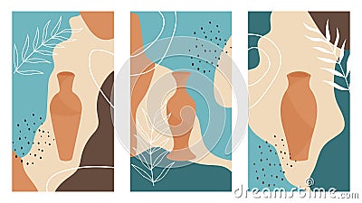 set of contemporary abstract posters with vases and plants Vector Illustration