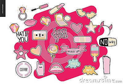 Set of contemporary girly patches elements Vector Illustration