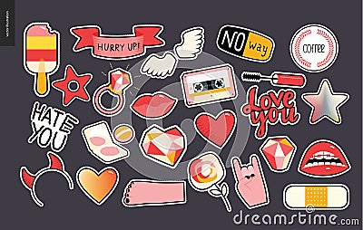 Set of contemporary girly patches elements Vector Illustration