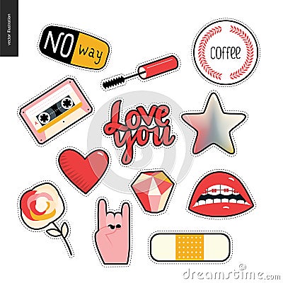 Set of contemporary girly patches elements Vector Illustration