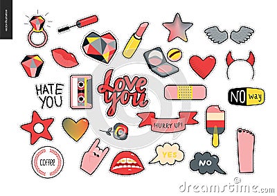 Set of contemporary girly patches elements Vector Illustration