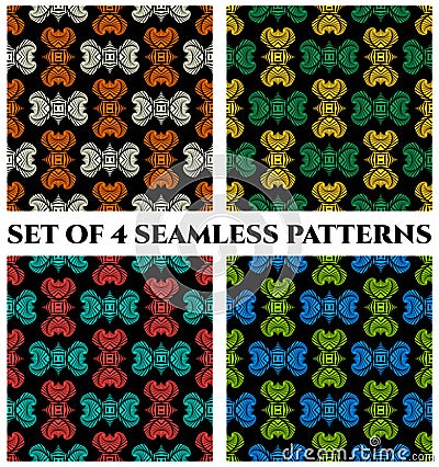 Set of 4 contemporary seamless patterns with colorful decorative ornament on black background Vector Illustration