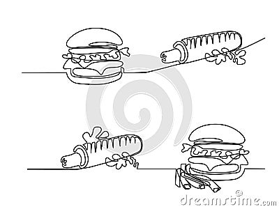 Set continuous big Hamburger with French fries Vector Illustration