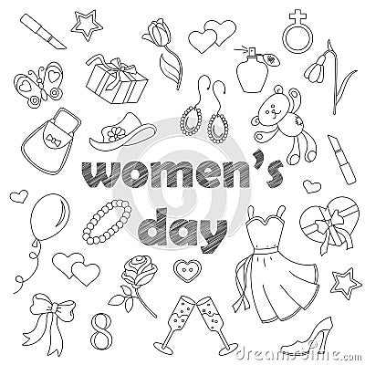 A set of simple icons on a theme day in honor of women, simple contour icons, dark contours on white background Vector Illustration