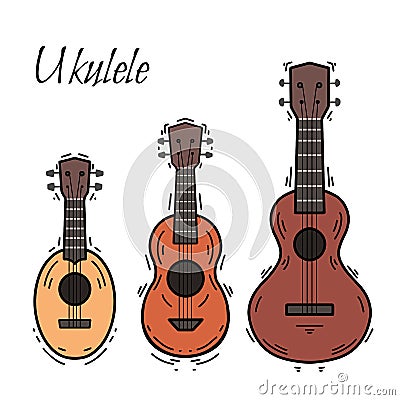 Set of contour color ukulele with decoration. Hawaiian music. Musical string instrument. Vector outline element Vector Illustration