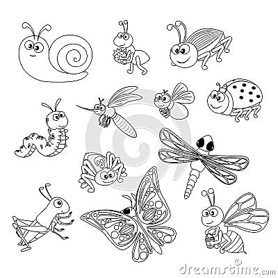 Set of contour cute insects bee grasshopper snail dragonfly fly ant mosquito butterfly caterpillar worm spider ladybug cockroach Vector Illustration