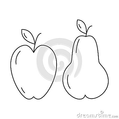 Set of 2 contour drawing seasonal fruits apple and pear. Thanksgiving day. Coloring book. Vector. Vector Illustration