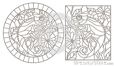 Contour set with illustrations with chameleons on the background of branches of a flowering plant, dark contours on a white backg Vector Illustration