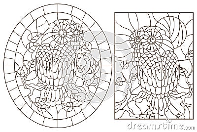 A set of contour illustrations with a cute owls on a branches, dark contours on white background Vector Illustration