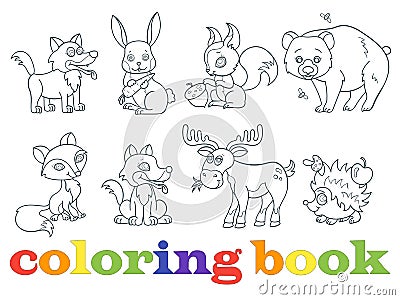 Contour illustrations with forest animals, dark outlines on a white background, coloring book Vector Illustration