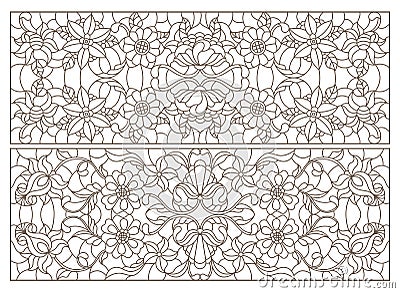 Contour set with stained glass with abstract swirls and flowers , horizontal orientation Vector Illustration