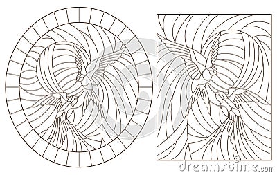 Contour set with illustrations of stained glass birds, a pair of swallows in sky on background of sun, dark outlines on a white Vector Illustration