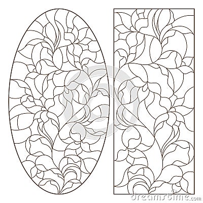 Contour set with illustrations with stained glass flower arrangements, Lily flowers, dark outlines on a white background Vector Illustration