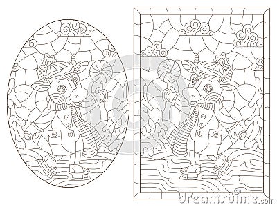 Contour set with illustrations in a stained glass style with cute cartoon cows on a ice skating, dark outlines on a white backgr Vector Illustration