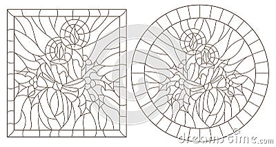Contour set with illustrations in stained glass style for the New year and Christmas, candles, Holly branches and ribbons in the f Vector Illustration