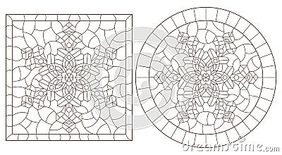 Contour set with illustrations in the stained glass style with snowflakes, round and square images, dark contours on a white backg Vector Illustration