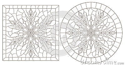 Contour set with illustrations in the stained glass style with snowflakes, round and square images, dark contours on a white bac Vector Illustration