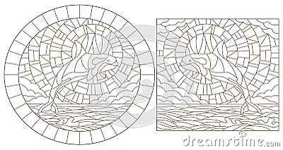 Contour set with illustrations of stained glass with whales orcas on the sea background ,cloud, sky and sun Vector Illustration